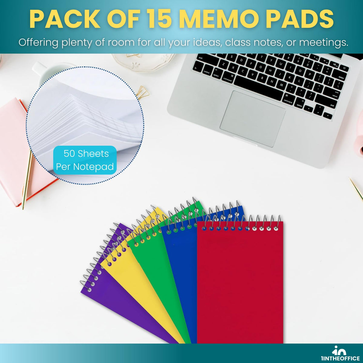 1InTheOffice Wirebound Memo Pads, 4 x 6 Inch Small Notepads, College Ruled Spiral Memo Pads, Assorted Colors, 50 Sheets Per Pad, Office Writing Pads, 5 Pack