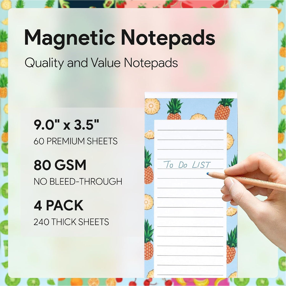 Magnetic Notepads for Refrigerator, 4 Pack Large Grocery List, Fruit