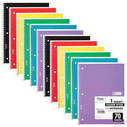 Mead Spiral Notebook, 1 Subject, College Ruled Paper, 7-1/2" x 10-1/2", 70 Sheets per Notebook, Colors Will Vary, 6 Pack (73065)