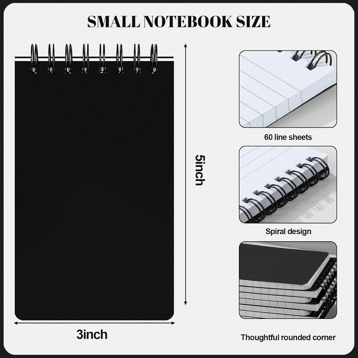 Thboxes 8 Pack Pocket Notebooks, 3 X 5 Spiral Notepads, Black