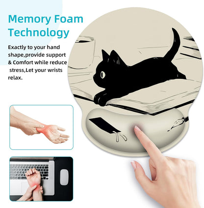Kawaii Anime Black Cat Ergonomic Mouse Pad with Wrist Rest for Desk Work