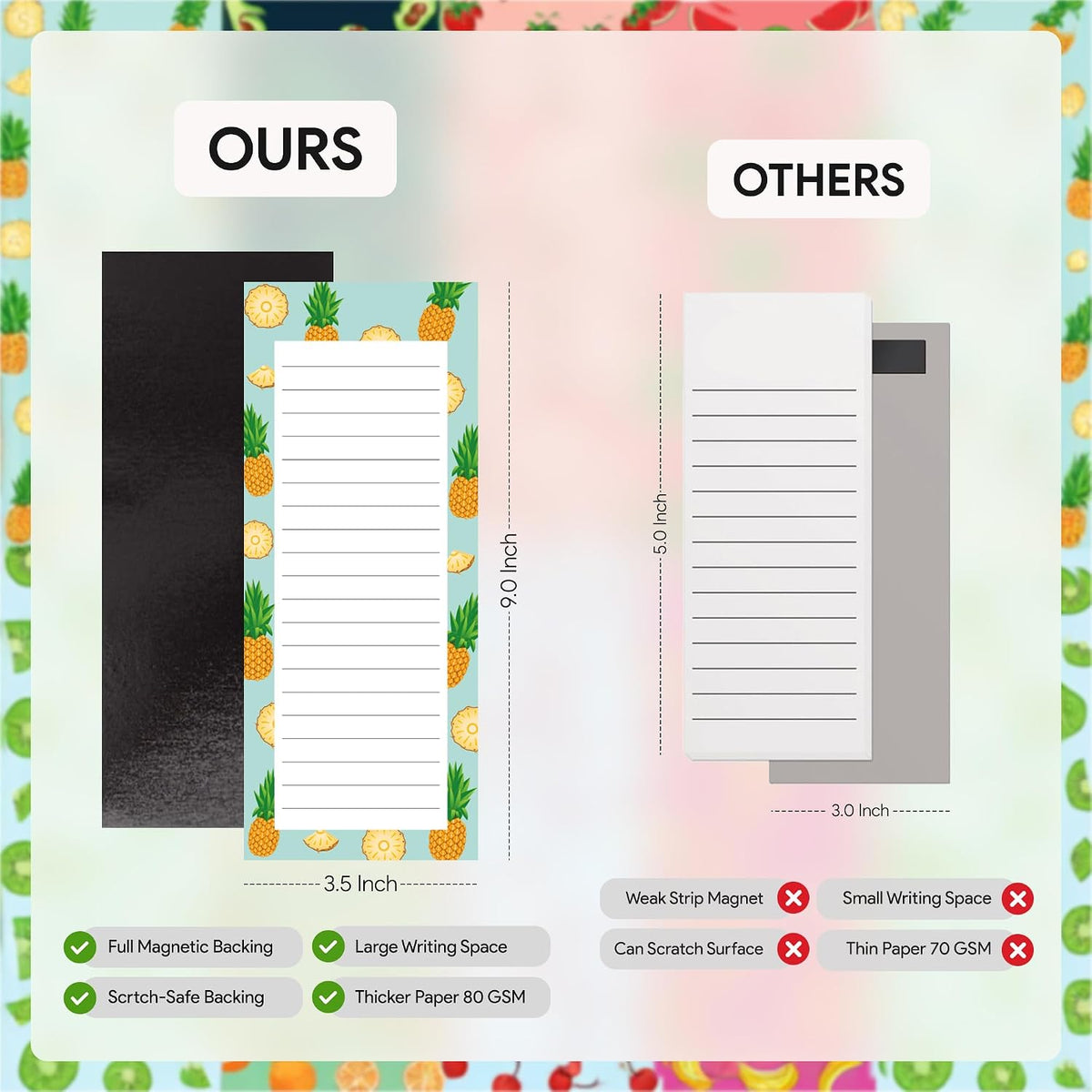 Magnetic Notepads for Refrigerator, 8 Pack Grocery List Pads, Fruit Design