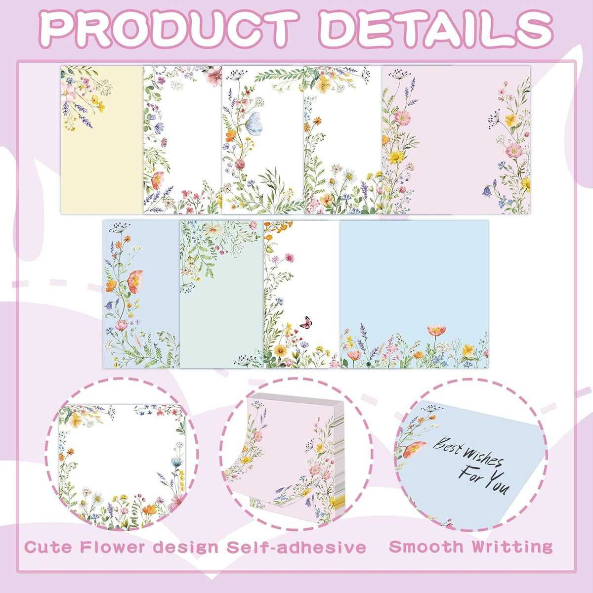 9 Pcs Wildflower Notepads 3" x 3" Self-Adhesive Wildflower Note Pads Memo for Journal Home Office School Teacher Gifts - 450 Sheets Reusable Flower Sticky Notes