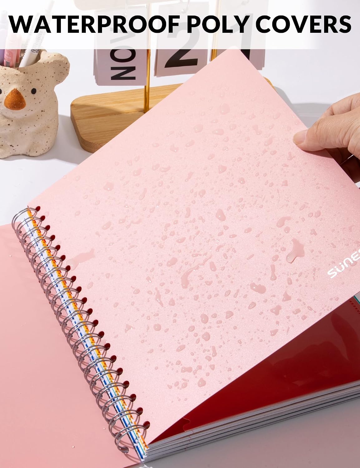SUNEE Spiral Notebooks for Work with Removable Dividers & Tabs – College Ruled 5 Subject, 300 Pages, 3 Hole Punched, Durable PP Cover, 8"x10.5" – Notebooks for Office or School, Pink