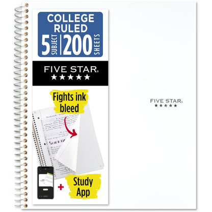 Five Star Spiral Notebook + Study App, 5 Subject, College Ruled Paper, 8-1/2" x 11", 200 Sheets, Fights Ink Bleed, Water Resistant Cover, Black (72081)