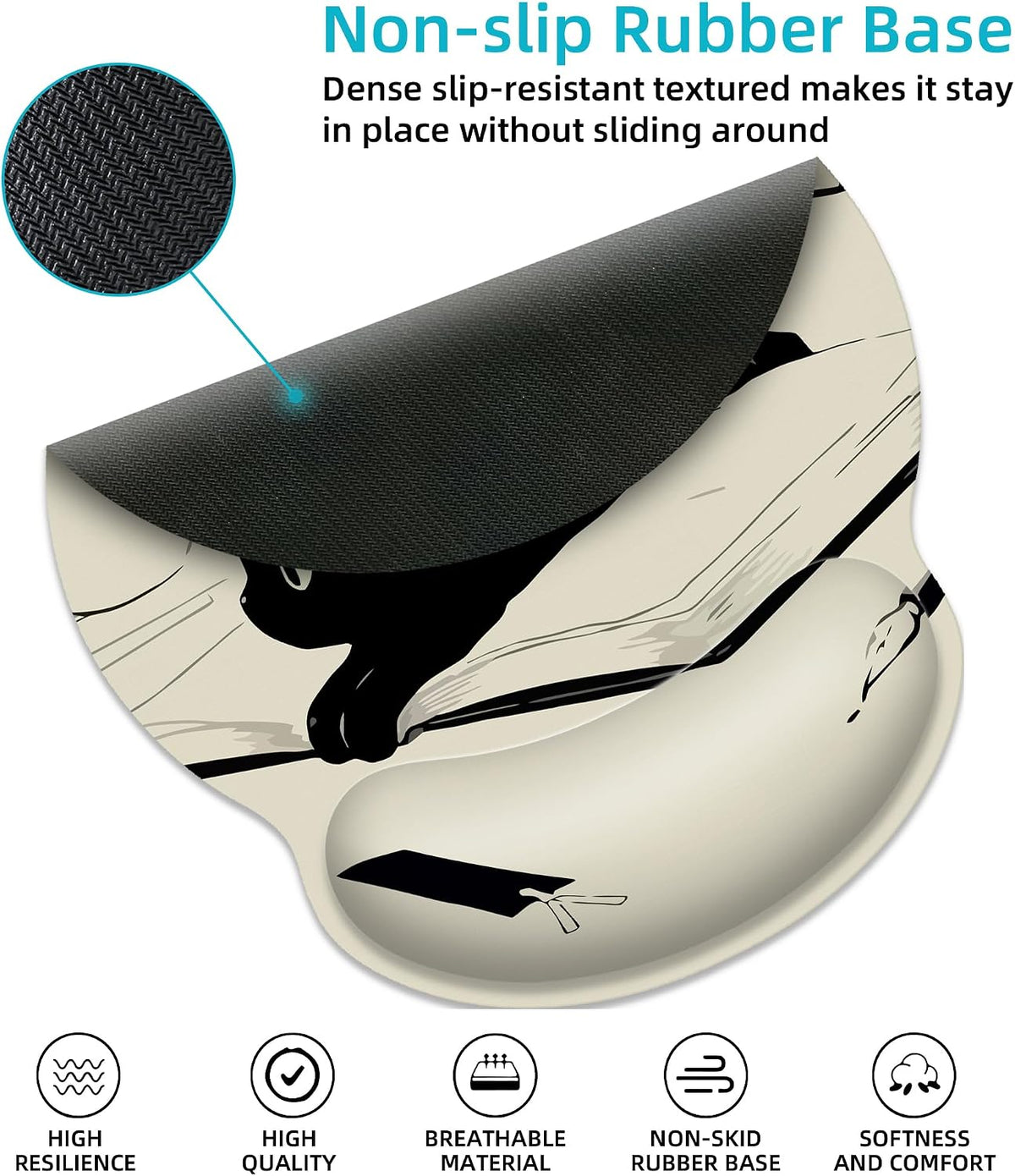Kawaii Anime Black Cat Ergonomic Mouse Pad with Wrist Rest for Desk Work
