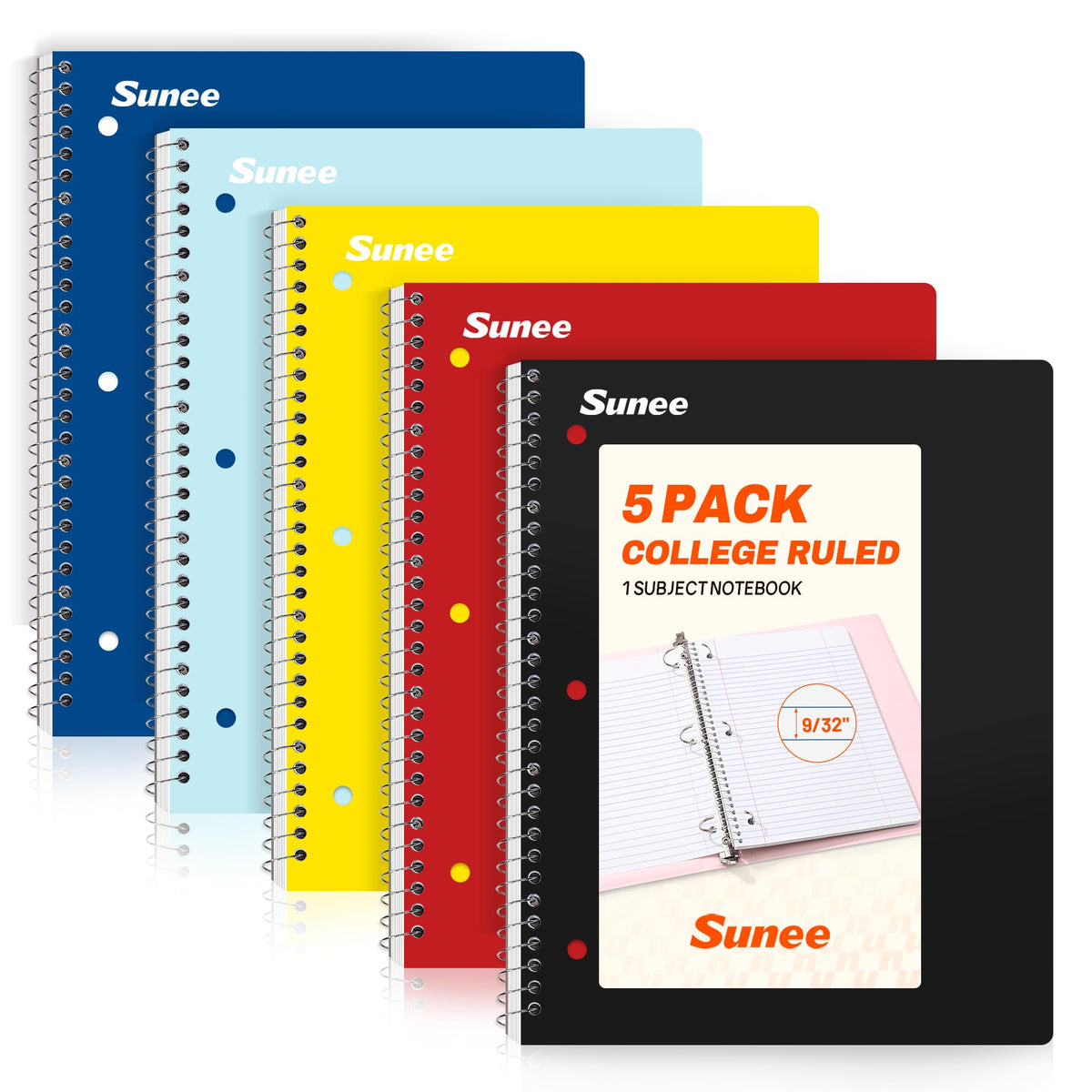 SUNEE Spiral Notebooks, 1-Subject, 5 Pack, College Ruled Paper, 8" x 10-1/2", 70 Sheets per Notebook,3-Hole Punched Paper, Pink,Purple, Blue, Green, Yellow Spiral Lined Notebooks for School,Work
