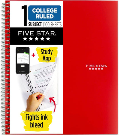 Five Star Spiral Notebook + Study App, 1 Subject, College Ruled Paper, 8.5" x 11", 100 Sheets, Blue (Color May Vary) (72565)