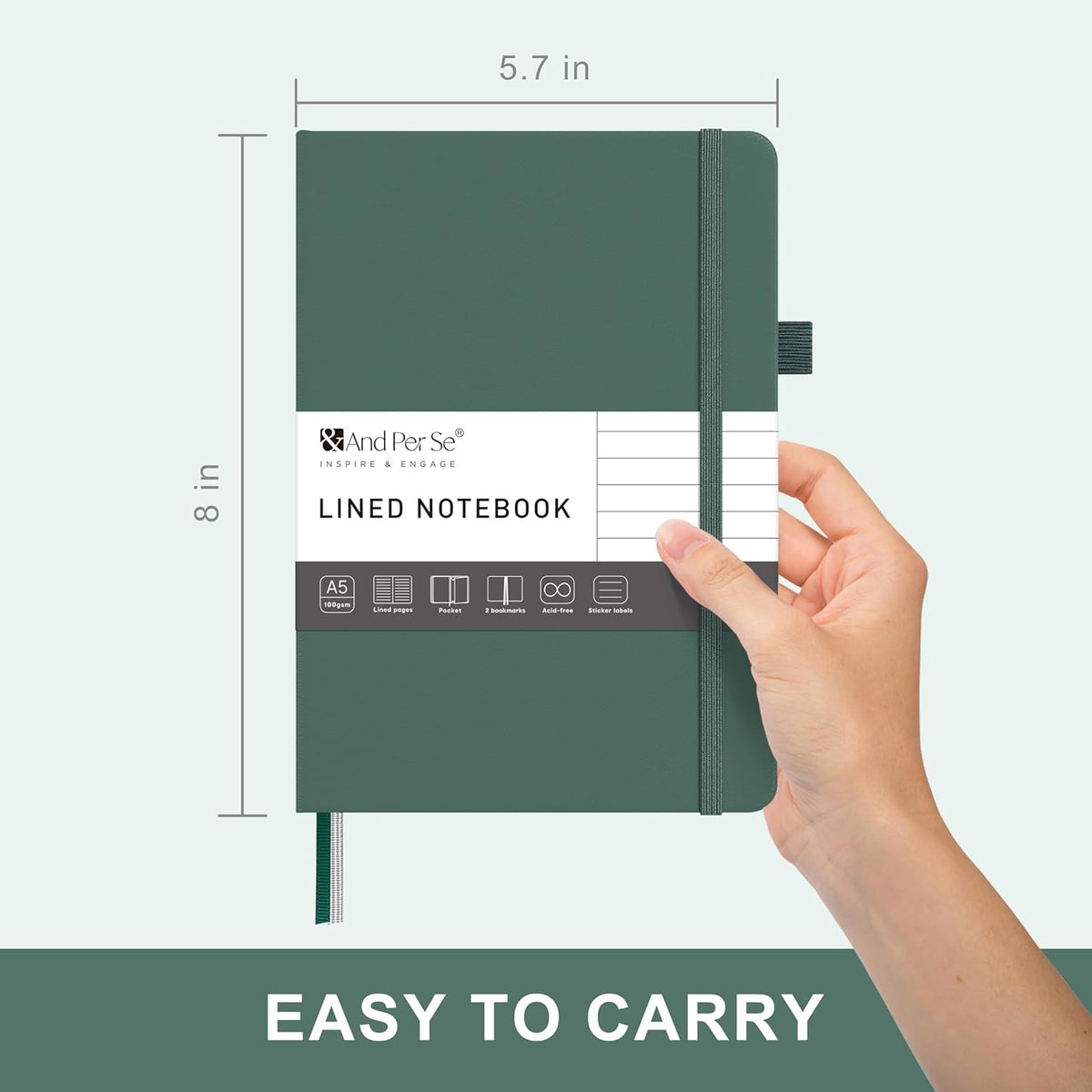&And Per Se Lined Journal Notebook – A5 Hardcover, 160 Pages 100gsm Thick Paper, College Ruled for Writing - 5.7”x8” (Dark Green)