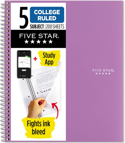 Five Star Spiral Notebook + Study App, 5 Subject, College Ruled Paper, 8-1/2" x 11", 200 Sheets, Fights Ink Bleed, Water Resistant Cover, Black (72081)