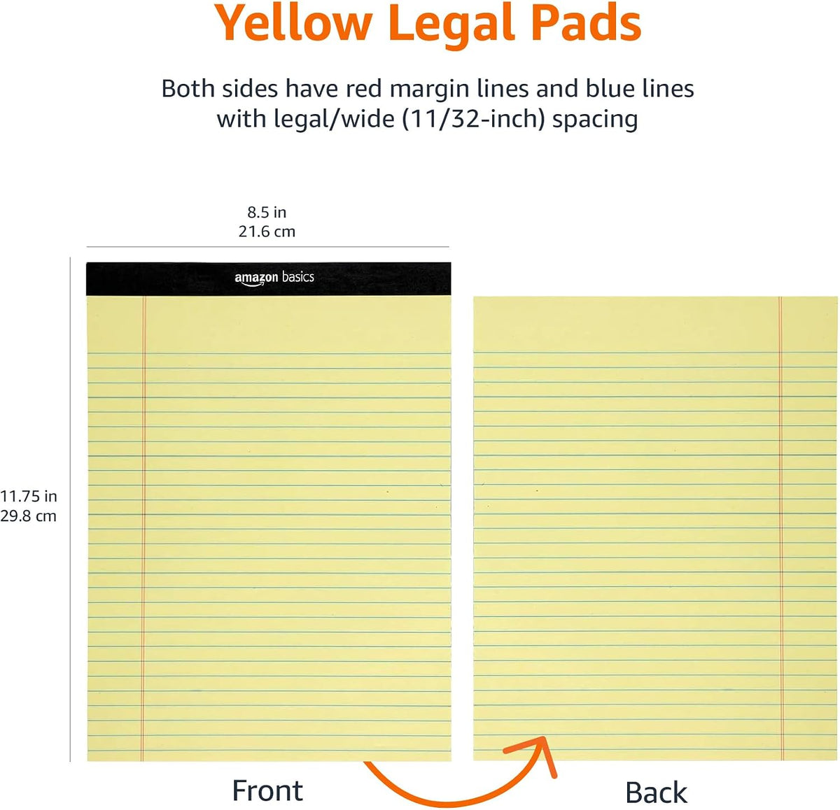 Amazon Basics Wide Ruled Lined Writing Pads, 8.5" x 11.75", Canary, 12-Pack of 50 Perforated Sheets, Sturdy Backing