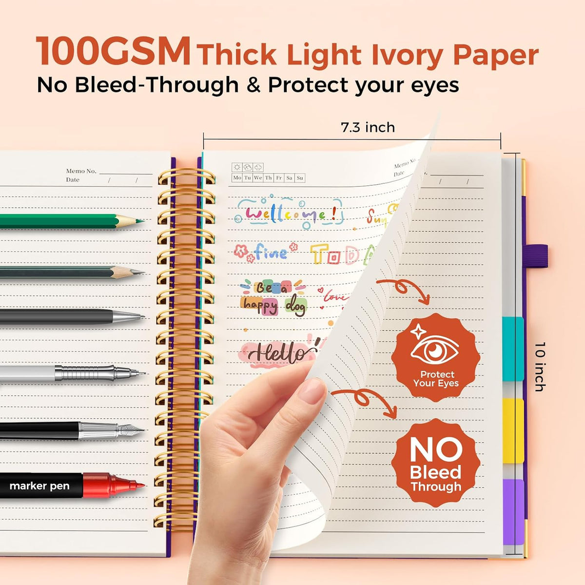 Line Hardcover Spiral Notebook with Removable Dividers Tabs & Ruler, 5 Subject Notebook College Ruled, 300 Page, Large 8"x10" B5 Notebooks for Work School, Lined Journal for Women & Men, Purple