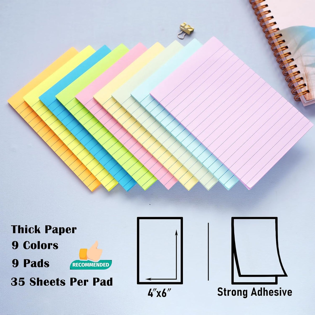 HQCME 9 Pack Lined Sticky Notes with Lines 4X6 in, 9 Pastel Slef-Stick Pads