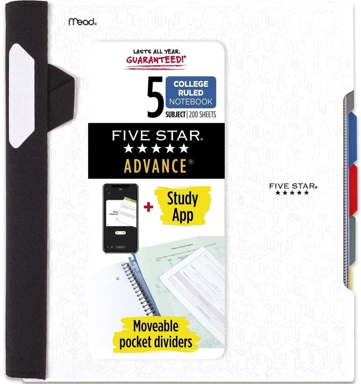 Five Star Advance Spiral Notebook + Study App, 5 Subject, College Ruled Paper, 8-1/2" x 11", 200 Sheets, Spiral Guard, Movable Tabbed Dividers, Seaglass Green (73148)