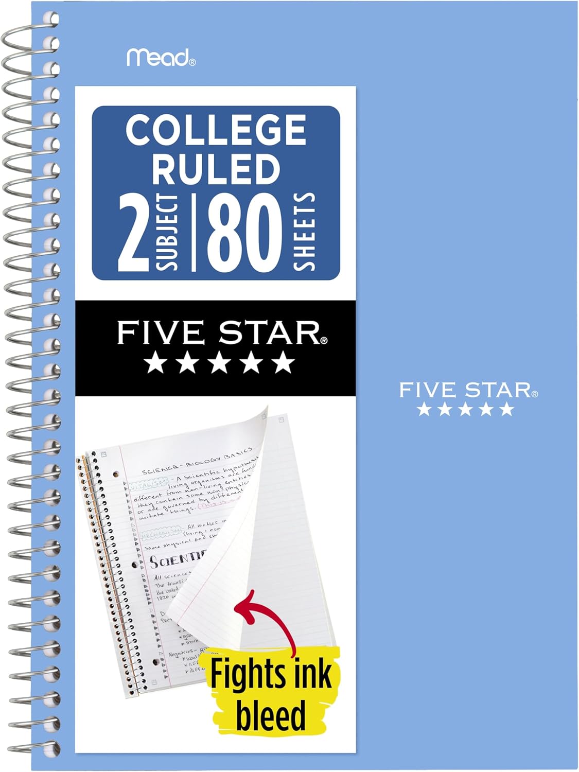 Five Star Spiral Notebook, 2 Subject, College Ruled Paper, 6" x 9.5", 80 Sheets, Blue (840029CG1)