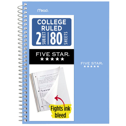 Five Star Spiral Notebook, 2 Subject, College Ruled Paper, 6" x 9.5", 80 Sheets, Blue (840029CG1)