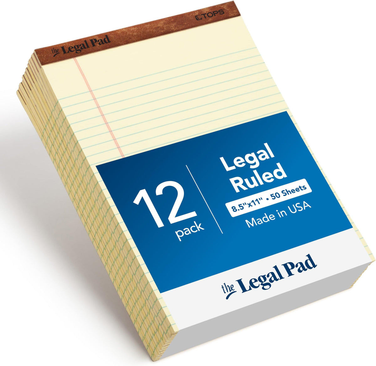 TOPS 8.5 x 11.75 Legal Pads, 12 Pack, The Legal Pad Brand, Wide Ruled, Yellow Paper, 50 Sheets Per Writing Pad, Made in the USA (7532)