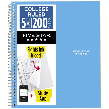 Five Star Spiral Notebook + Study App, 5 Subject, College Ruled Paper, 8-1/2" x 11", 200 Sheets, Fights Ink Bleed, Water Resistant Cover, Black (72081)