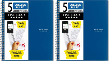 Five Star Spiral Notebook + Study App, 5 Subject, College Ruled Paper, 8-1/2" x 11", 200 Sheets, Fights Ink Bleed, Water Resistant Cover, Black (72081)
