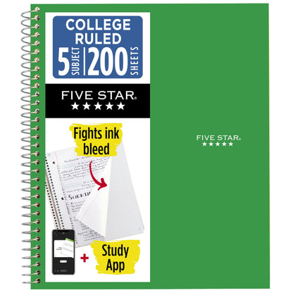Five Star Spiral Notebook + Study App, 5 Subject, College Ruled Paper, 8-1/2" x 11", 200 Sheets, Fights Ink Bleed, Water Resistant Cover, Black (72081)