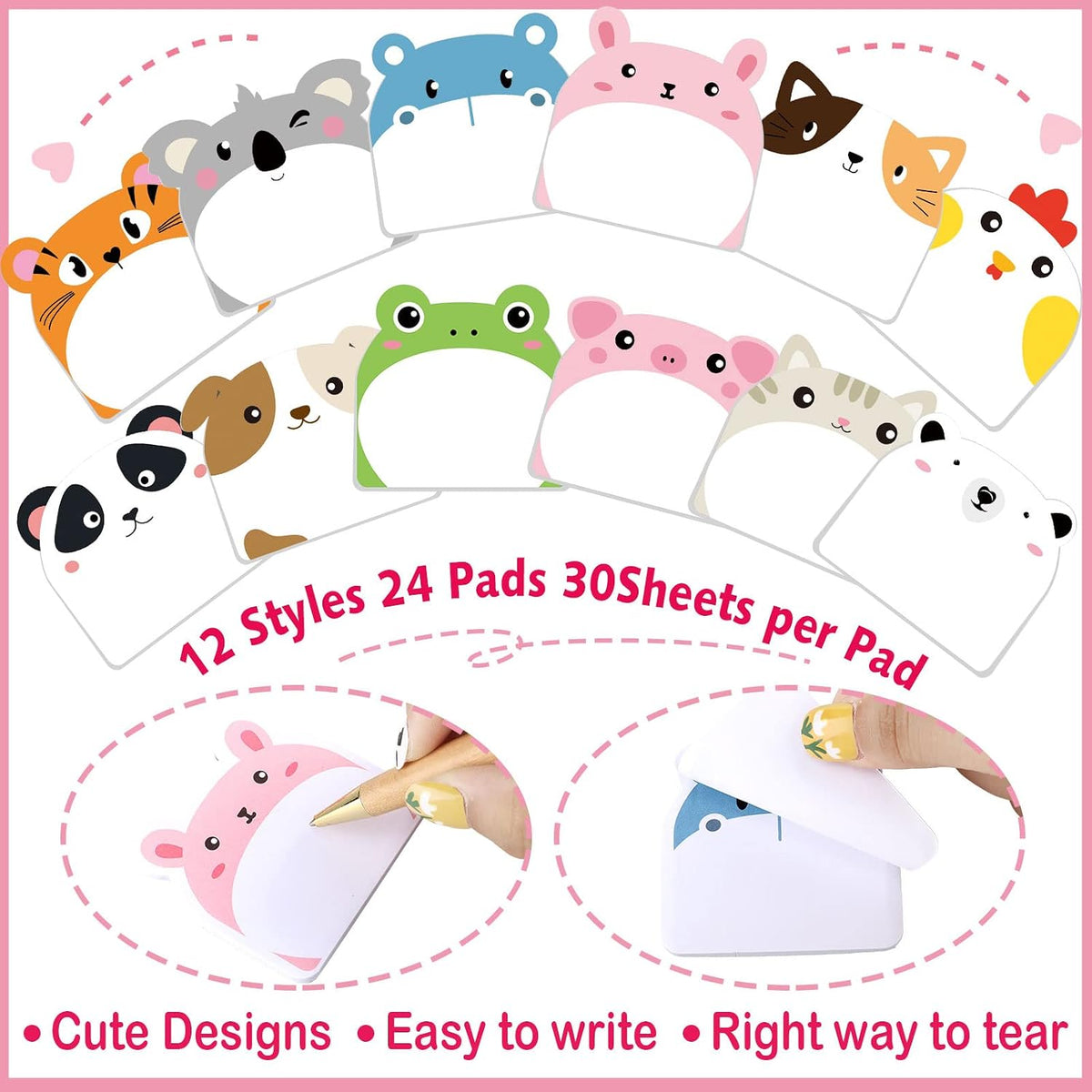 Yinder 24 Pads Animal Sticky Notes, Cute Cartoon Memo Self Adhesive