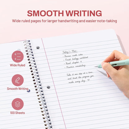 SUNEE Spiral Notebook, 1-Subject, Wide Ruled Paper, 8" x 10-1/2", 100 Sheets per Notebook, 3-Hole Punched Paper, Water Resistant Cover, Double-sided Pockets, Spiral Lined Notebooks for School, Pink