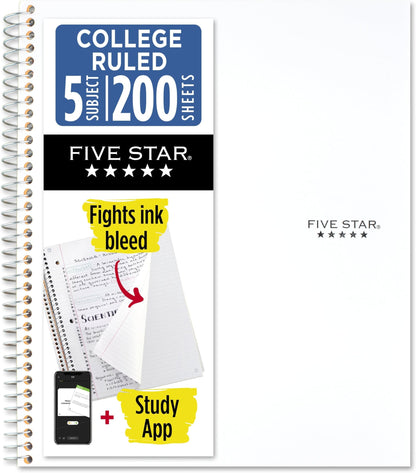 Five Star Spiral Notebook + Study App, 5 Subject, College Ruled Paper, 8-1/2" x 11", 200 Sheets, Fights Ink Bleed, Water Resistant Cover, Black (72081)