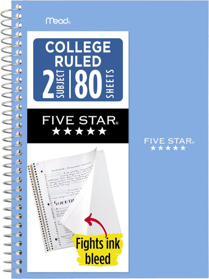 Five Star Spiral Notebook, 2 Subject, College Ruled Paper, 6" x 9.5", 80 Sheets, Blue (840029CG1)