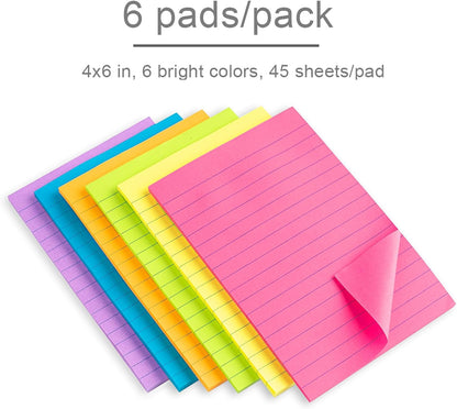 Lined Sticky Notes 4X6 in Bright Ruled Stickies Colorful Memo Pads