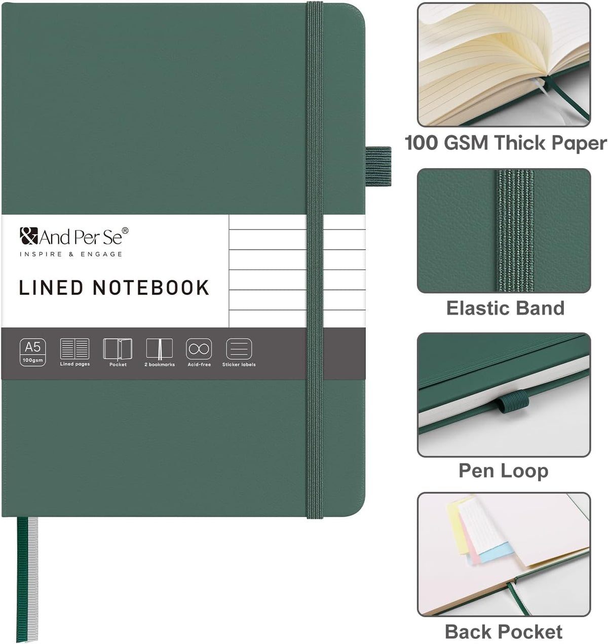 &And Per Se Lined Journal Notebook – A5 Hardcover, 160 Pages 100gsm Thick Paper, College Ruled for Writing - 5.7”x8” (Dark Green)
