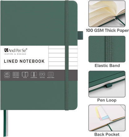 &And Per Se Lined Journal Notebook – A5 Hardcover, 160 Pages 100gsm Thick Paper, College Ruled for Writing - 5.7”x8” (Dark Green)