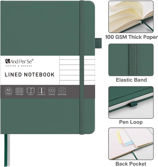 &And Per Se Lined Journal Notebook – A5 Hardcover, 160 Pages 100gsm Thick Paper, College Ruled for Writing - 5.7”x8” (Dark Green)