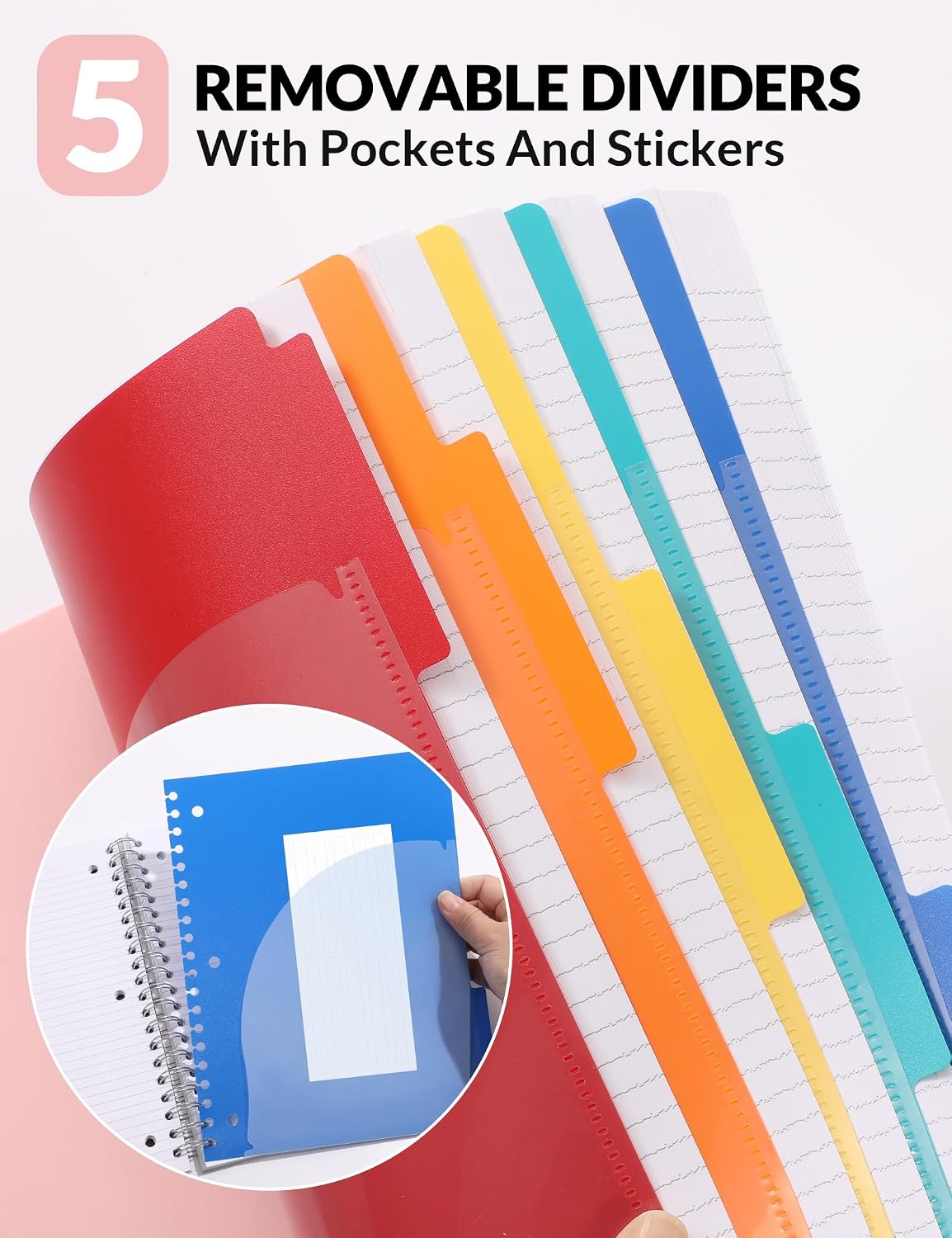 SUNEE Spiral Notebooks for Work with Removable Dividers & Tabs – College Ruled 5 Subject, 300 Pages, 3 Hole Punched, Durable PP Cover, 8"x10.5" – Notebooks for Office or School, Pink