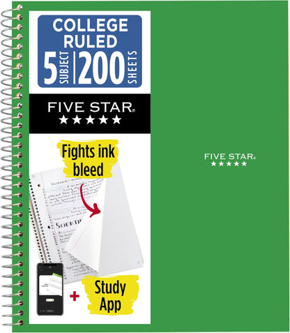 Five Star Spiral Notebook + Study App, 5 Subject, College Ruled Paper, 8-1/2" x 11", 200 Sheets, Fights Ink Bleed, Water Resistant Cover, Black (72081)