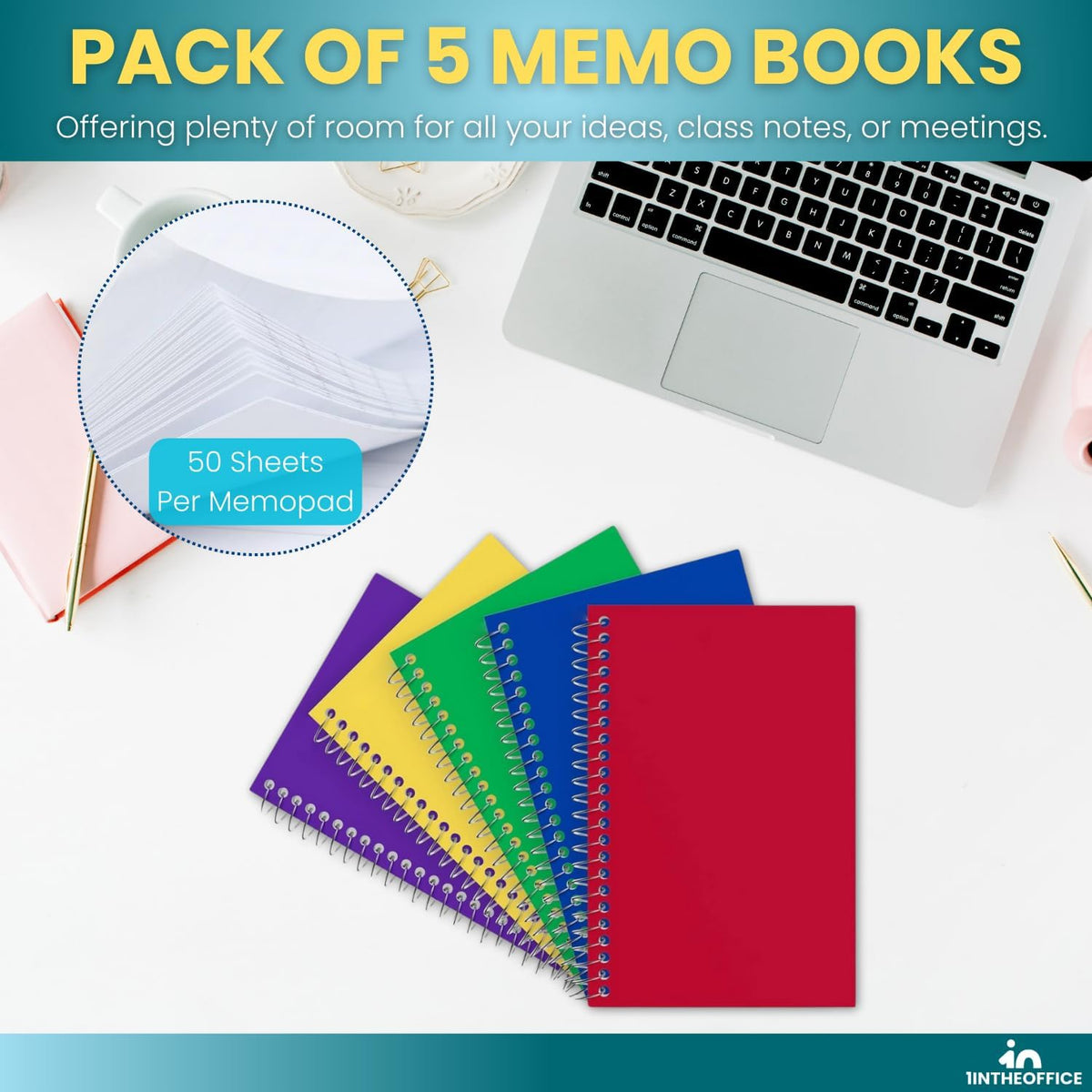 1InTheOffice Notepads 4x6 College Ruled, Assorted colors, 50 sheets/pad, 5 pack