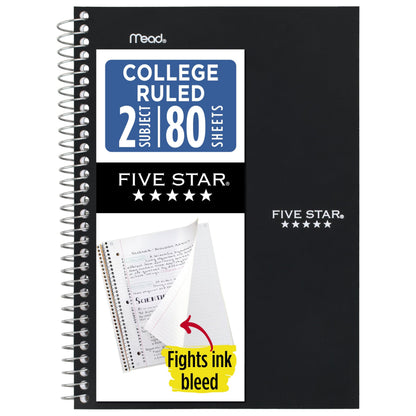 Five Star Spiral Notebook, 2 Subject, College Ruled Paper, 6" x 9.5", 80 Sheets, Blue (840029CG1)