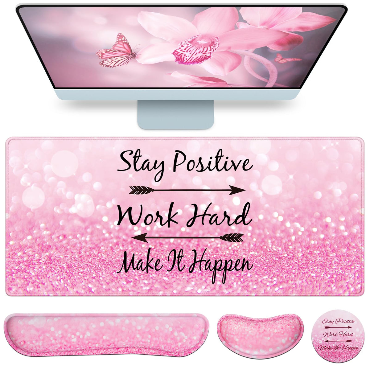 Desk Mat, Large Gaming Mouse Pad with Wrist Rest, 4in1 XXL Mousepad Floral