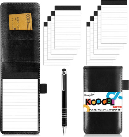 Koogel 11PCS Mini Pocket Notepad Holder Set, 3.4 x 5.5 Inch Small Notepad with Pen and 9 Memo Book Refills Server Lined Papers Desk Notepads for Office Supplies, Writing and Memo pads 30 Sheets Each