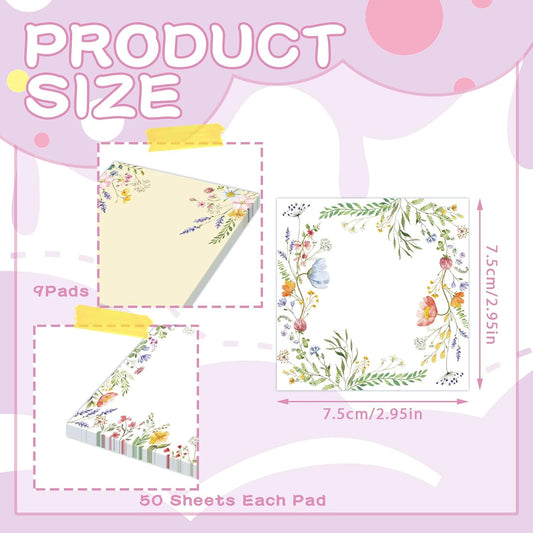 9 Pcs Wildflower Notepads 3" x 3" Self-Adhesive Wildflower Note Pads Memo for Journal Home Office School Teacher Gifts - 450 Sheets Reusable Flower Sticky Notes