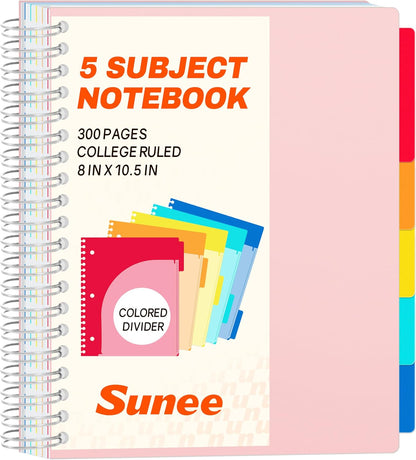 SUNEE Spiral Notebooks for Work with Removable Dividers & Tabs – College Ruled 5 Subject, 300 Pages, 3 Hole Punched, Durable PP Cover, 8"x10.5" – Notebooks for Office or School, Pink