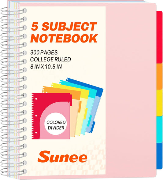 SUNEE Spiral Notebooks for Work with Removable Dividers & Tabs – College Ruled 5 Subject, 300 Pages, 3 Hole Punched, Durable PP Cover, 8"x10.5" – Notebooks for Office or School, Pink