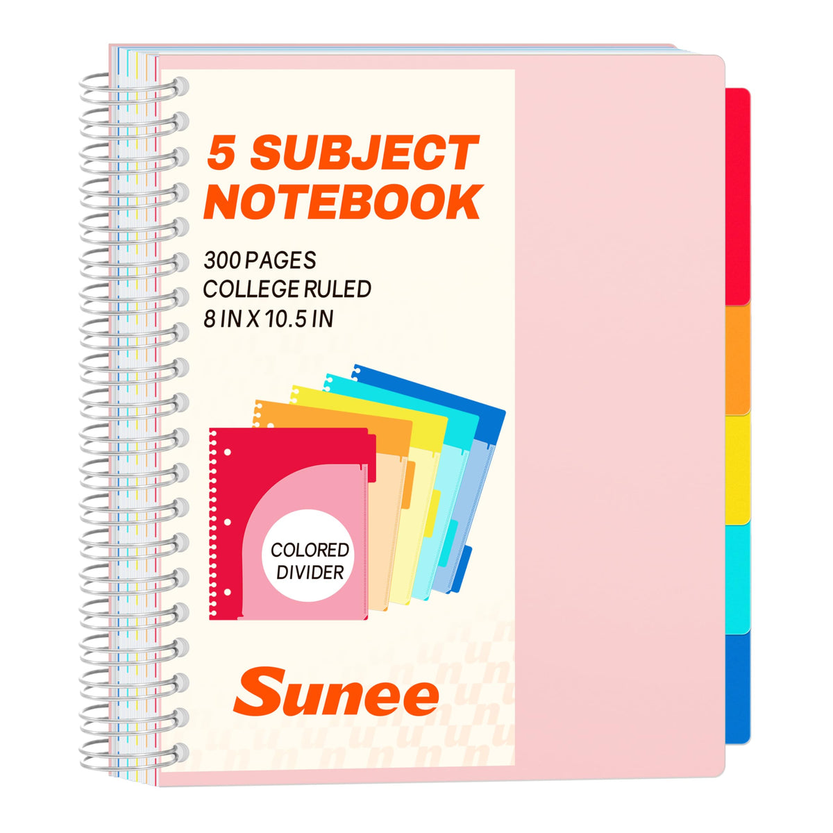 SUNEE Spiral Notebooks for Work with Removable Dividers & Tabs – College Ruled 5 Subject, 300 Pages, 3 Hole Punched, Durable PP Cover, 8"x10.5" – Notebooks for Office or School, Pink