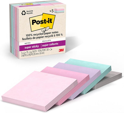 Post-it 100% Recycled Super Sticky Notes, 3 x 3 in, Pastels, 5 Pads