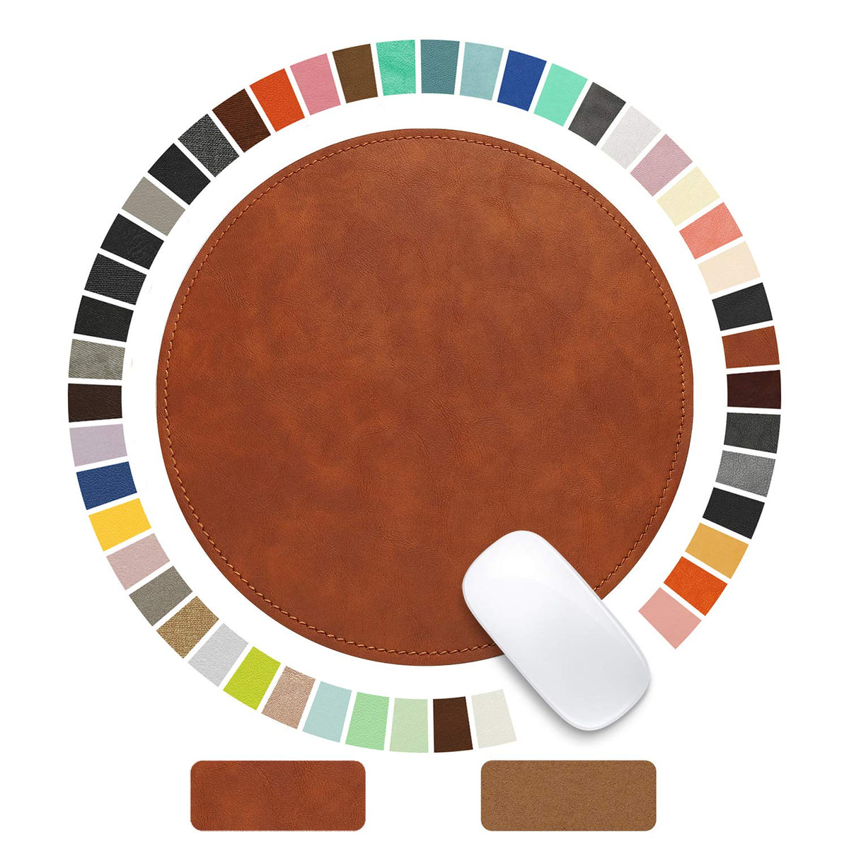 Mouse Pad，Round Mouse Pad，PU Mouse Pad，Leather Mouse Pad with Stitched Edge Micro-Fiber Base with Non-Slip Waterproof，Mouse Pad for Computers，Laptop，9 x 9 Inch (Caramel Brown)