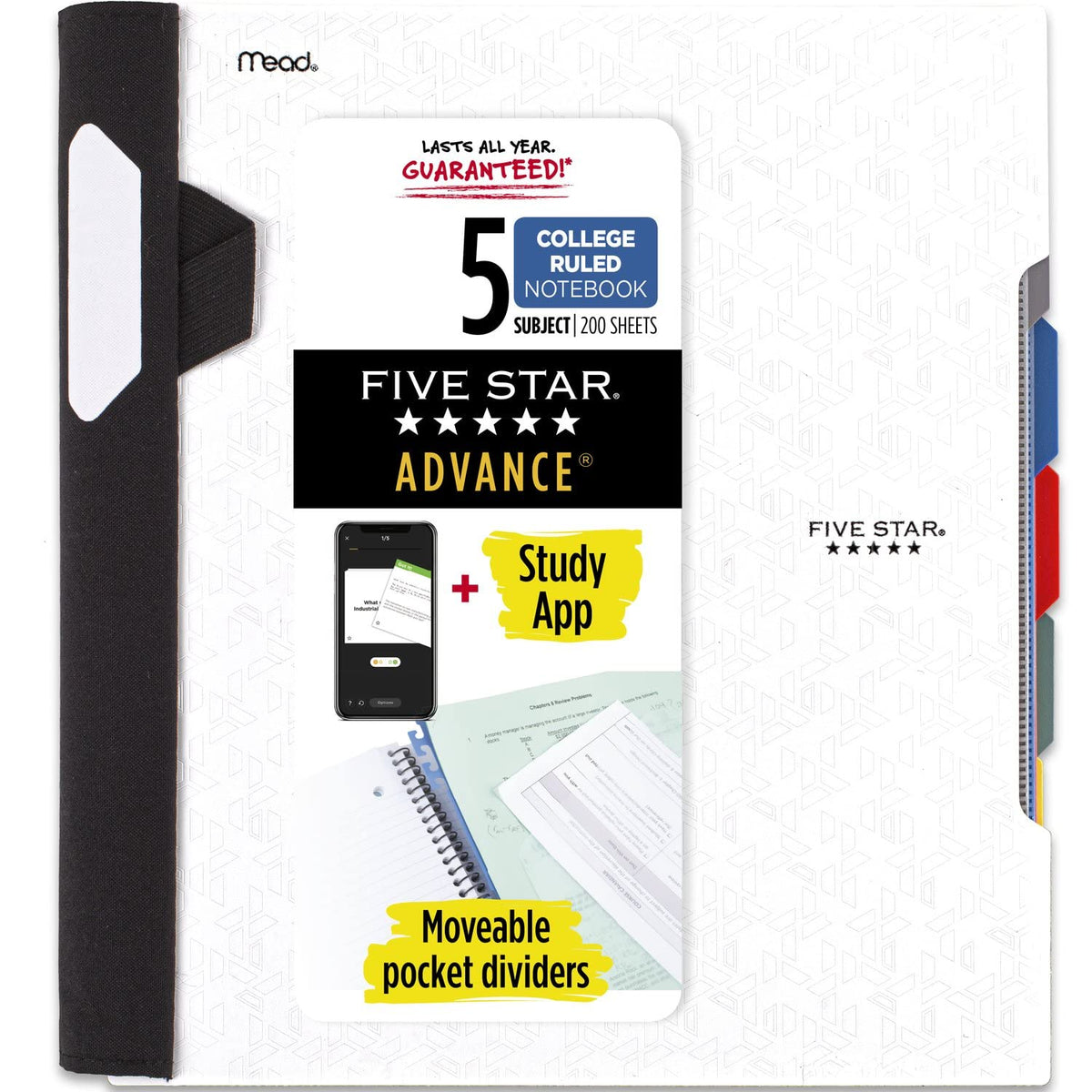 Five Star Advance Spiral Notebook + Study App, 5 Subject, College Ruled Paper, 8-1/2" x 11", 200 Sheets, Spiral Guard, Movable Tabbed Dividers, Seaglass Green (73148)