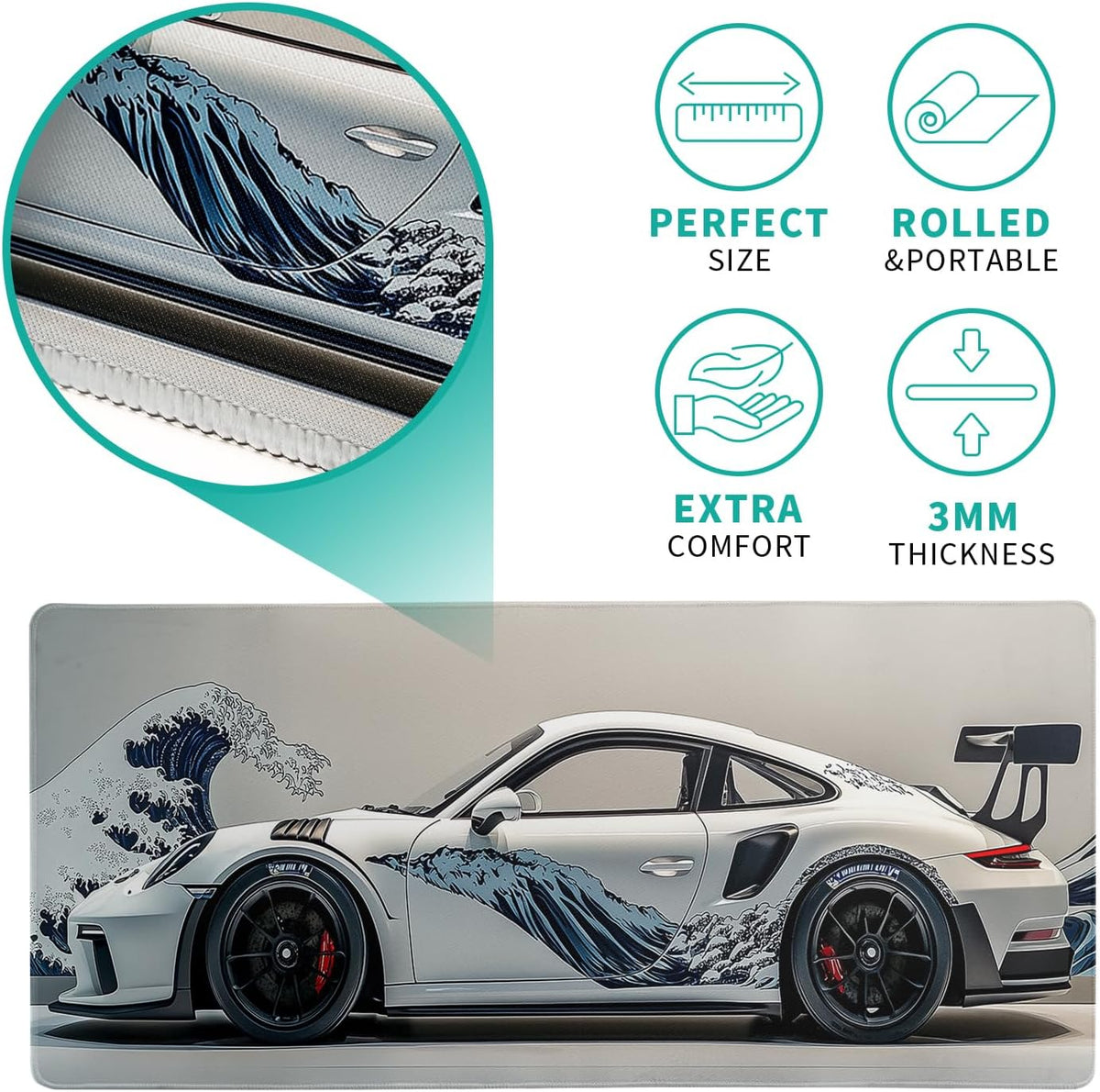 White Ukiyo-e Style Sports Car Large Gaming Mouse Pad Desktop Mat 31.5x11.8 Inch - Non-Slip Rubber Base - for Gamers - Perfect for Gamers & PC Enthusiasts