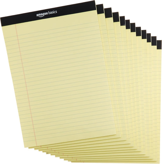 Amazon Basics Wide Ruled Lined Writing Pads, 8.5" x 11.75", Canary, 12-Pack of 50 Perforated Sheets, Sturdy Backing