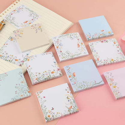 9 Pcs Wildflower Notepads 3" x 3" Self-Adhesive Wildflower Note Pads Memo for Journal Home Office School Teacher Gifts - 450 Sheets Reusable Flower Sticky Notes