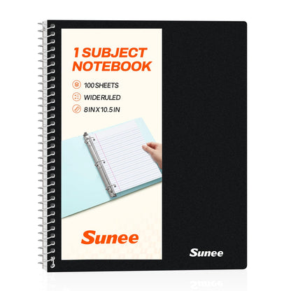SUNEE Spiral Notebook, 1-Subject, Wide Ruled Paper, 8" x 10-1/2", 100 Sheets per Notebook, 3-Hole Punched Paper, Water Resistant Cover, Double-sided Pockets, Spiral Lined Notebooks for School, Pink