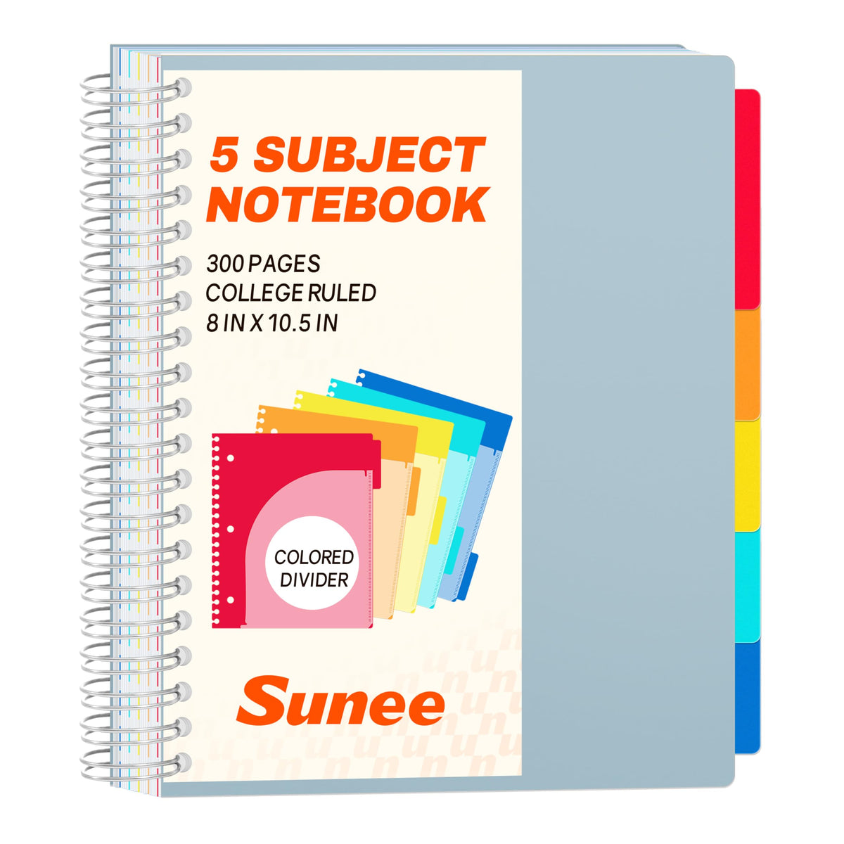 SUNEE Spiral Notebooks for Work with Removable Dividers & Tabs – College Ruled 5 Subject, 300 Pages, 3 Hole Punched, Durable PP Cover, 8"x10.5" – Notebooks for Office or School, Pink